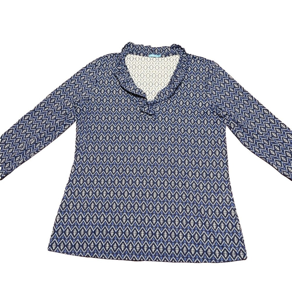 J. McLaughlin Women's Durham Catalina Ruffle V-neck Blue White Shirt Top Large